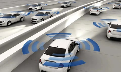 Illustrative reference image: vehicle sensing in a multi-lane road environment
