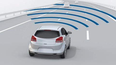 Illustrative reference image: radar sensing around a vehicle in traffic