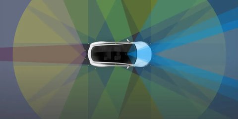 Illustrative reference image: complementary sensing coverage around a vehicle